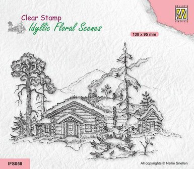 Nellie&#039;s Choice clearstamp - Idyllic Floral - Huisje met bomen IFS058 138x95mm (08-22)