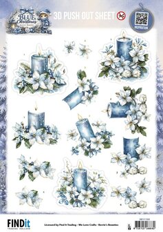 3D Pushout Sheet - Berries Beauties - Blue Christmas - Blue Candles and White Poinsettia