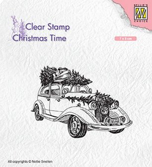 Nellies Choice Clearstempel - Christmas time kerstboom op oldtimer CT031 70x50mm