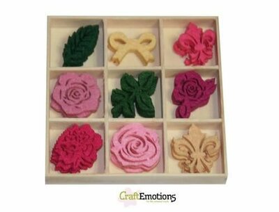 CraftEmotions Vilt ornament doosje High Tea Rose - Rozen 45 pcs - box 10,5 x 10,5 cm