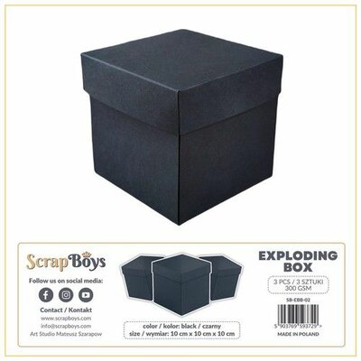 ScrapBoys Exploding box - zwart - 3 st - 300 grm SB-EBB-02 10x10x10 cm (03-24)
